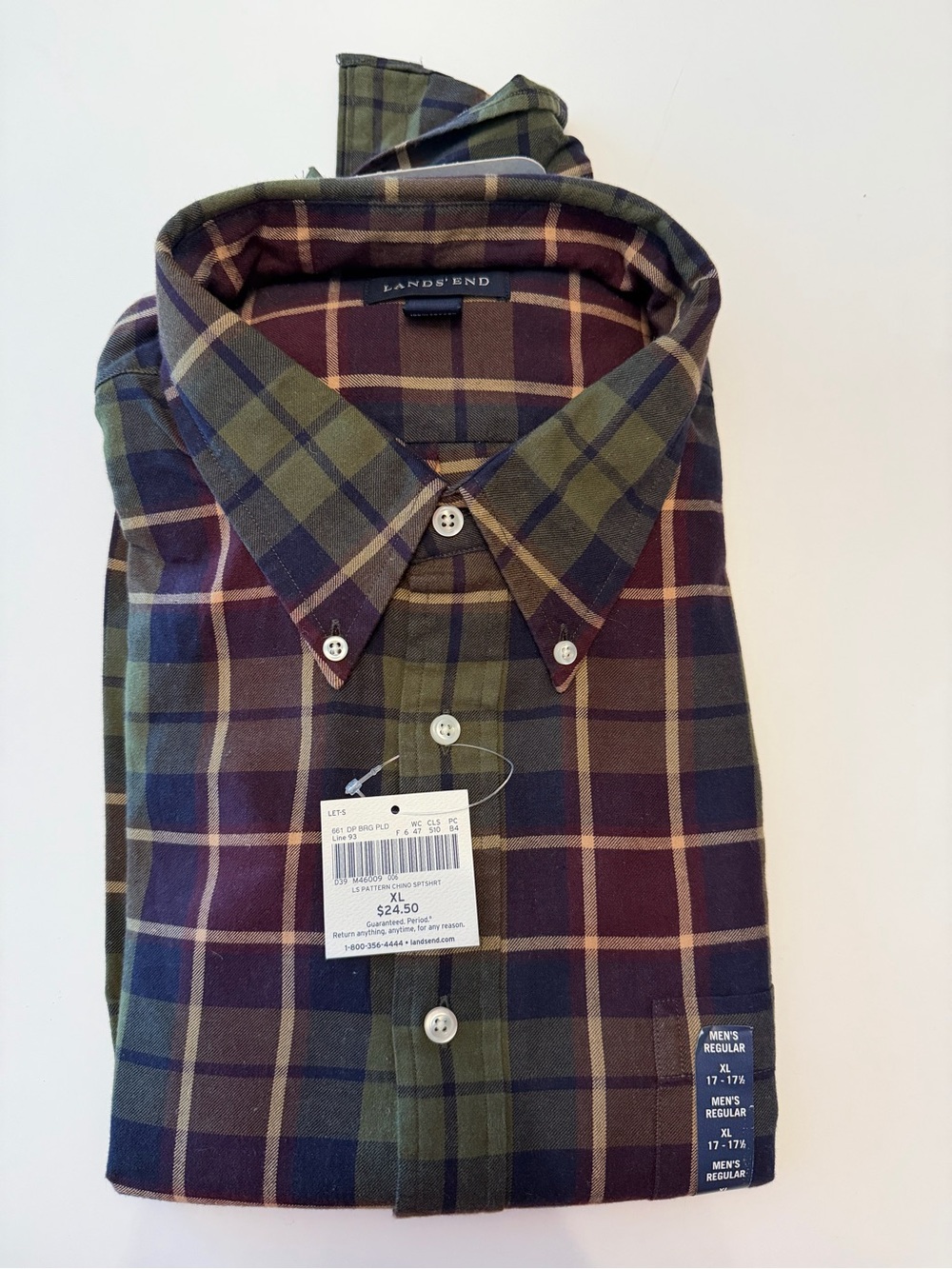 Lands' End Men's Plaid Button-Down Shirt - Olive & Burgundy XL neck 17-17.5